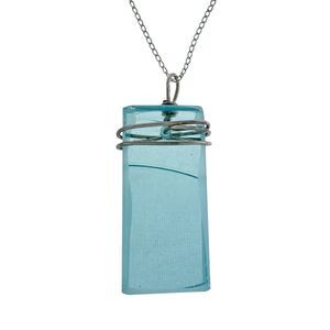 Vintage Silver Tone Wire Wrapped Polished Blue Glass Pendant ONLY